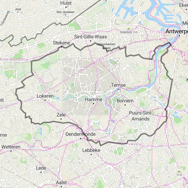 Miniature de la carte de l'inspiration cycliste "Route panoramique de Doorslaar à Zeveneken" dans la Prov. Oost-Vlaanderen, Belgium. Générée par le planificateur d'itinéraire cycliste Tarmacs.app