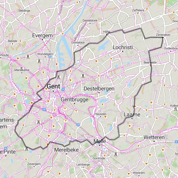 Map miniature of "Zeveneken and Laarne Loop" cycling inspiration in Prov. Oost-Vlaanderen, Belgium. Generated by Tarmacs.app cycling route planner