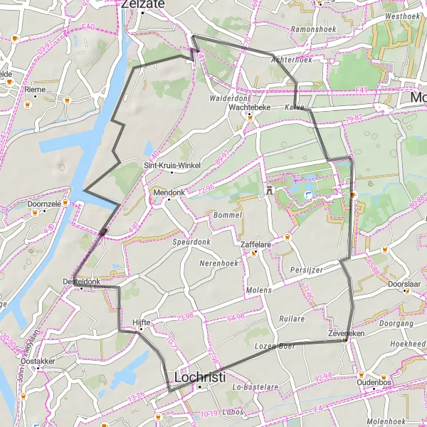 Miniatuurkaart van de fietsinspiratie "Lochristi en Desteldonk" in Prov. Oost-Vlaanderen, Belgium. Gemaakt door de Tarmacs.app fietsrouteplanner