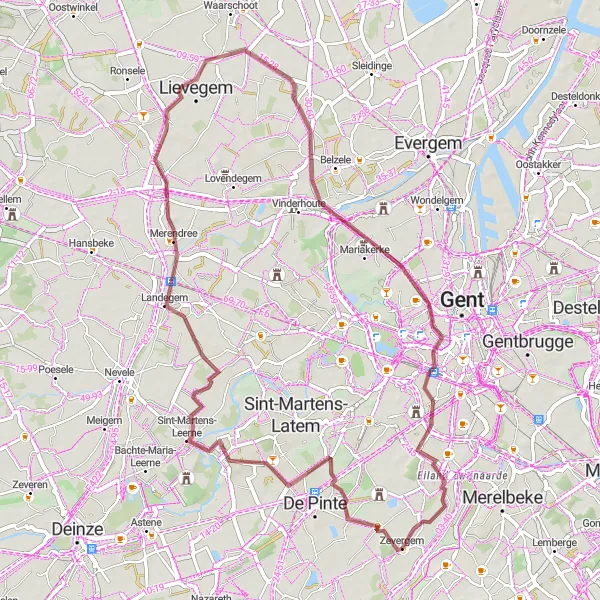 Miniatuurkaart van de fietsinspiratie "Gravelroute van Zevergem naar Zwijnaarde en terug" in Prov. Oost-Vlaanderen, Belgium. Gemaakt door de Tarmacs.app fietsrouteplanner