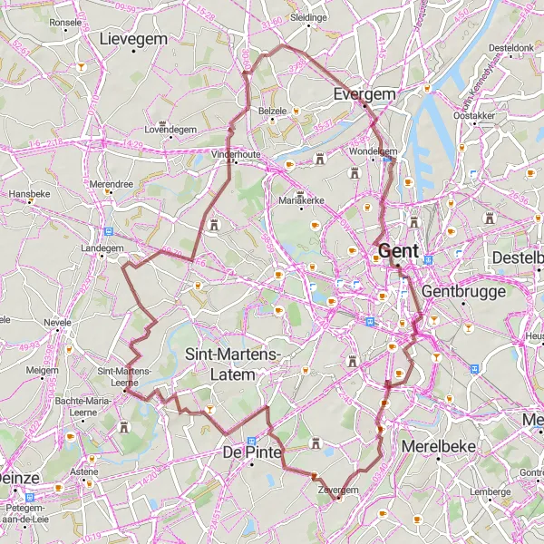 Miniatuurkaart van de fietsinspiratie "Gravelroute van Zevergem naar Zwijnaarde en terug" in Prov. Oost-Vlaanderen, Belgium. Gemaakt door de Tarmacs.app fietsrouteplanner