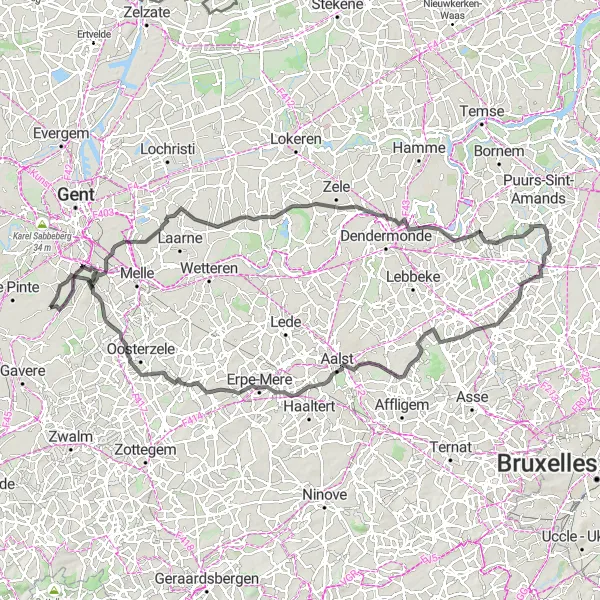 Map miniature of "Merelbeke to Burst Large Loop" cycling inspiration in Prov. Oost-Vlaanderen, Belgium. Generated by Tarmacs.app cycling route planner