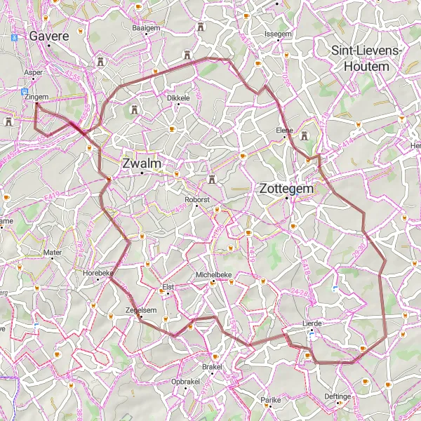 Miniatuurkaart van de fietsinspiratie "Gravel Rondrit via Zingem" in Prov. Oost-Vlaanderen, Belgium. Gemaakt door de Tarmacs.app fietsrouteplanner