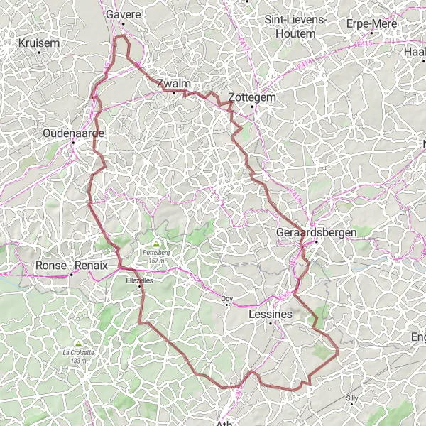 Miniature de la carte de l'inspiration cycliste "Les chemins de gravier flamands" dans la Prov. Oost-Vlaanderen, Belgium. Générée par le planificateur d'itinéraire cycliste Tarmacs.app
