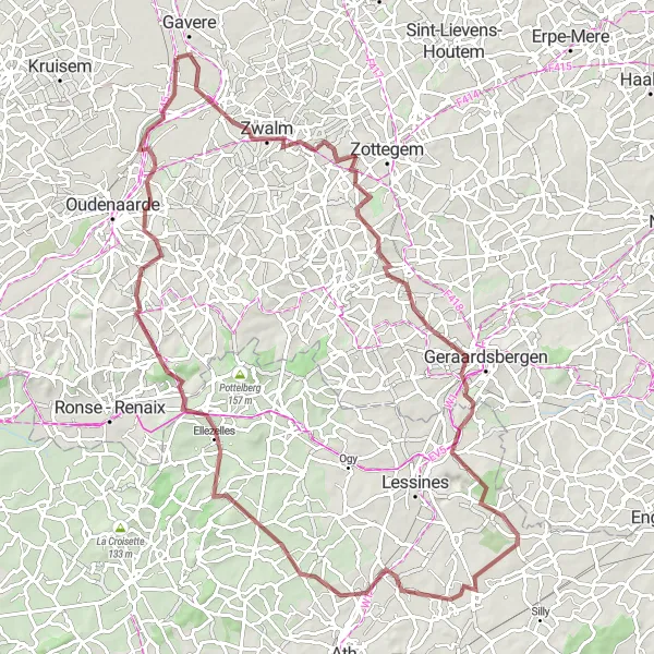 Miniatuurkaart van de fietsinspiratie "Gravelavontuur door Zwalmvallei en Vlaamse Ardennen" in Prov. Oost-Vlaanderen, Belgium. Gemaakt door de Tarmacs.app fietsrouteplanner