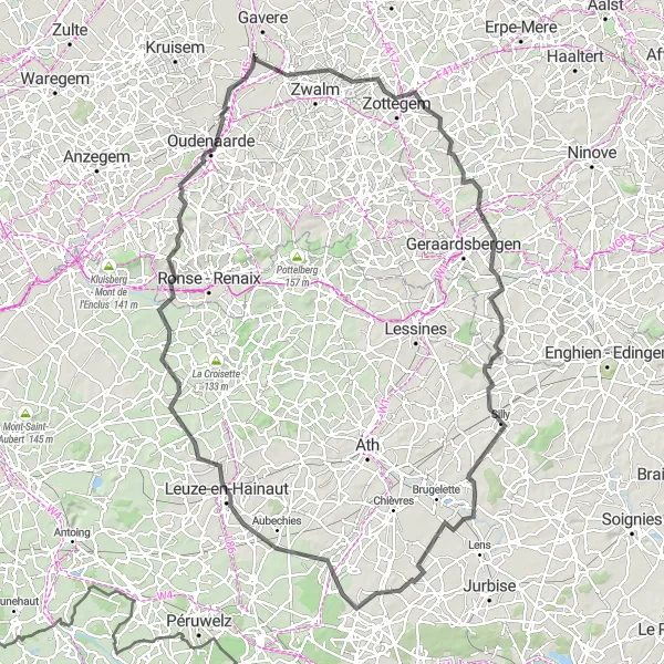 Map miniature of "Hills and Historical Landmarks" cycling inspiration in Prov. Oost-Vlaanderen, Belgium. Generated by Tarmacs.app cycling route planner