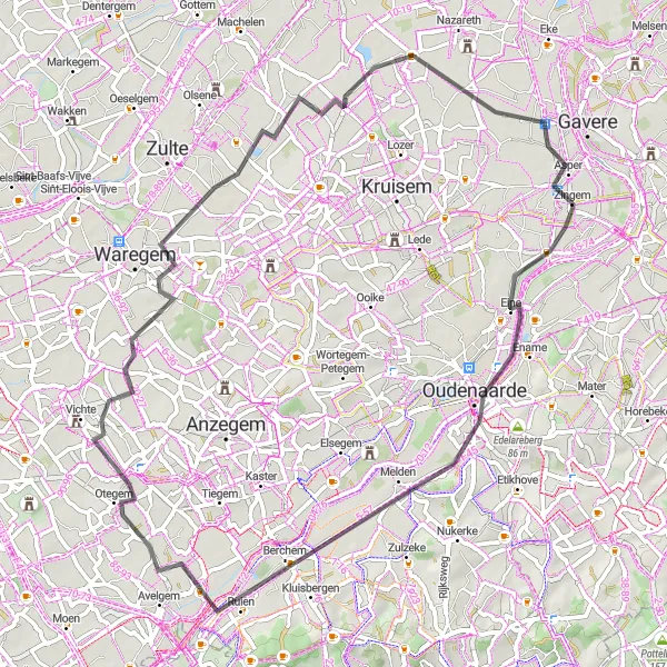 Map miniature of "Hills and Historic Towns" cycling inspiration in Prov. Oost-Vlaanderen, Belgium. Generated by Tarmacs.app cycling route planner