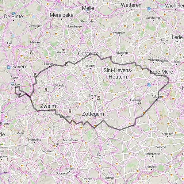 Miniatuurkaart van de fietsinspiratie "Historische Roadtrip door Oost-Vlaanderen" in Prov. Oost-Vlaanderen, Belgium. Gemaakt door de Tarmacs.app fietsrouteplanner