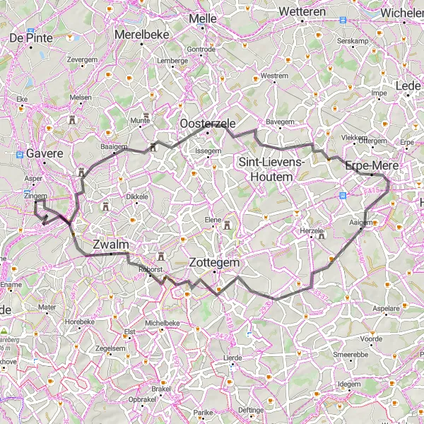 Map miniature of "Countryside Meadows and Hills" cycling inspiration in Prov. Oost-Vlaanderen, Belgium. Generated by Tarmacs.app cycling route planner