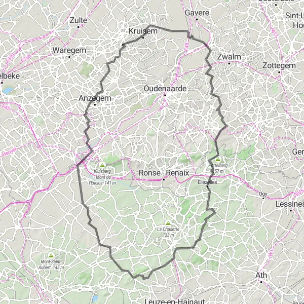 Miniature de la carte de l'inspiration cycliste "Les Montagnes Flamandes" dans la Prov. Oost-Vlaanderen, Belgium. Générée par le planificateur d'itinéraire cycliste Tarmacs.app
