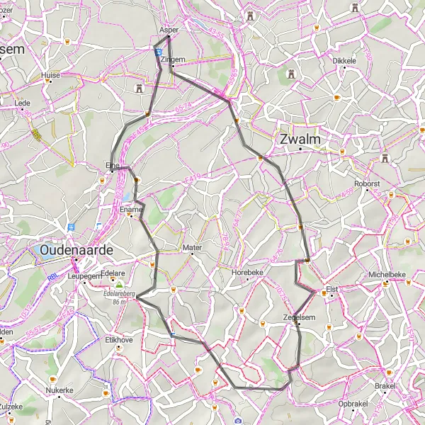 Map miniature of "Zingem and the Surrounding Countryside" cycling inspiration in Prov. Oost-Vlaanderen, Belgium. Generated by Tarmacs.app cycling route planner