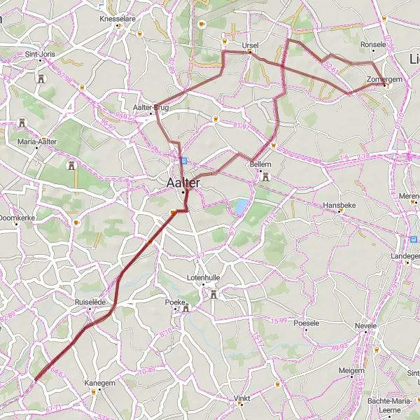 Miniature de la carte de l'inspiration cycliste "Parcours de vélo gravel près de Zomergem" dans la Prov. Oost-Vlaanderen, Belgium. Générée par le planificateur d'itinéraire cycliste Tarmacs.app