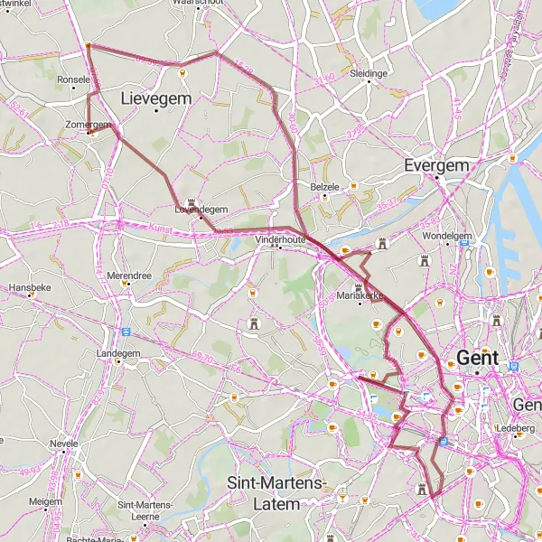 Map miniature of "Zomergem to Ronsele Circular Gravel Route" cycling inspiration in Prov. Oost-Vlaanderen, Belgium. Generated by Tarmacs.app cycling route planner