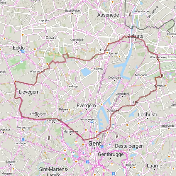 Map miniature of "Zomergem to Lovendegem Circular Gravel Route" cycling inspiration in Prov. Oost-Vlaanderen, Belgium. Generated by Tarmacs.app cycling route planner