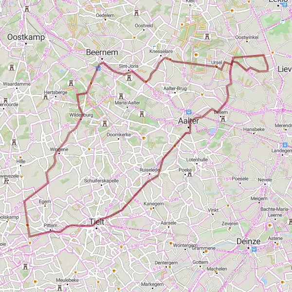 Miniature de la carte de l'inspiration cycliste "Boucle à travers Aalter, Tielt et Ursel" dans la Prov. Oost-Vlaanderen, Belgium. Générée par le planificateur d'itinéraire cycliste Tarmacs.app