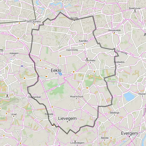 Karten-Miniaturansicht der Radinspiration "Straßenradroute nach Eeksken" in Prov. Oost-Vlaanderen, Belgium. Erstellt vom Tarmacs.app-Routenplaner für Radtouren