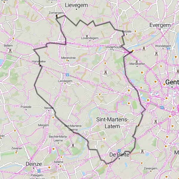 Miniature de la carte de l'inspiration cycliste "Route de cyclisme route à Zomergem et environs" dans la Prov. Oost-Vlaanderen, Belgium. Générée par le planificateur d'itinéraire cycliste Tarmacs.app