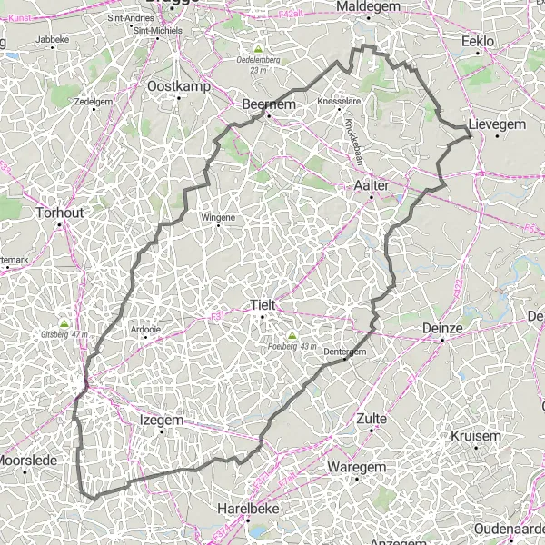 Miniatuurkaart van de fietsinspiratie "Lusvormige fietsroute vanuit Zomergem" in Prov. Oost-Vlaanderen, Belgium. Gemaakt door de Tarmacs.app fietsrouteplanner
