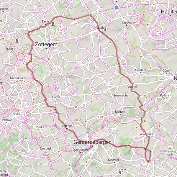 Map miniature of "Gravel Heaven: Exploring Zottegem's Outskirts" cycling inspiration in Prov. Oost-Vlaanderen, Belgium. Generated by Tarmacs.app cycling route planner