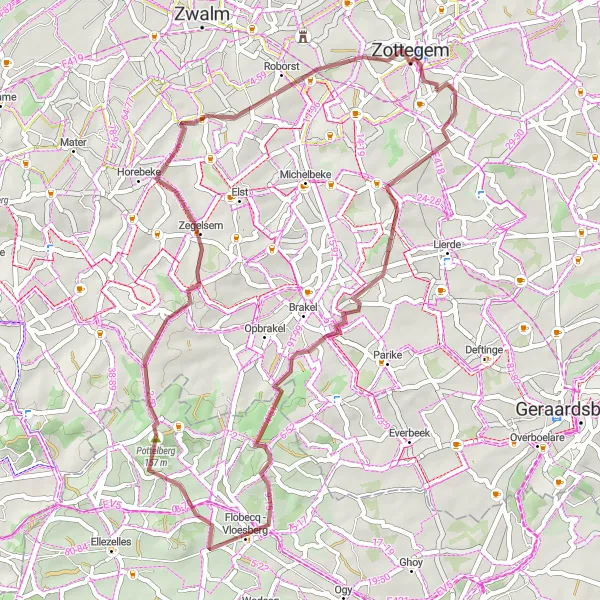 Miniatuurkaart van de fietsinspiratie "Gravelroute van Zottegem naar Godveerdegem" in Prov. Oost-Vlaanderen, Belgium. Gemaakt door de Tarmacs.app fietsrouteplanner