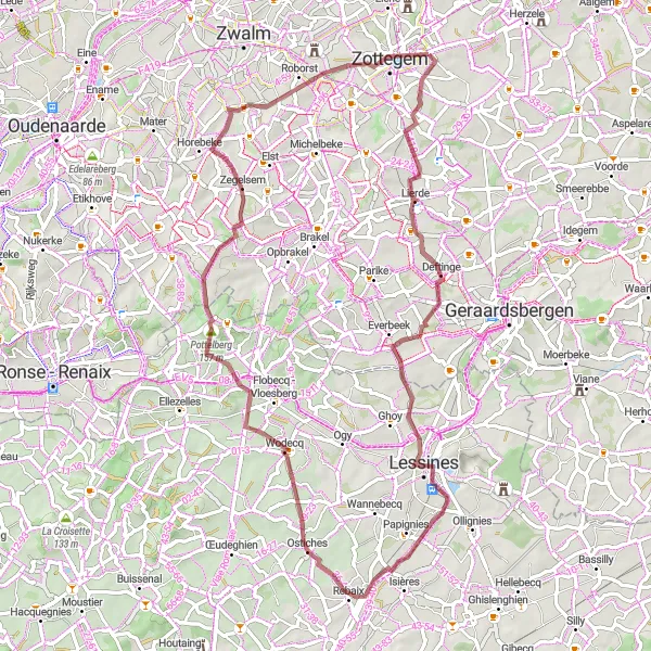 Map miniature of "Deftinge Gravel Adventure" cycling inspiration in Prov. Oost-Vlaanderen, Belgium. Generated by Tarmacs.app cycling route planner