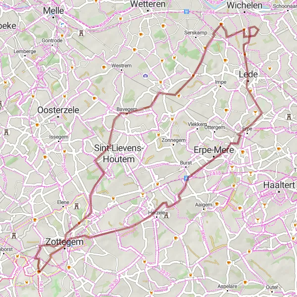 Map miniature of "Bavegem and Lede Gravel Cycling Route" cycling inspiration in Prov. Oost-Vlaanderen, Belgium. Generated by Tarmacs.app cycling route planner