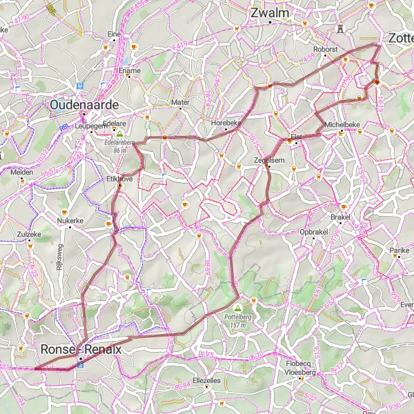 Map miniature of "Challenging Gravel Tour through Leberg and Taaienberg" cycling inspiration in Prov. Oost-Vlaanderen, Belgium. Generated by Tarmacs.app cycling route planner