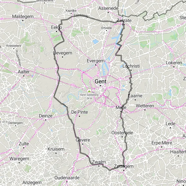 Miniature de la carte de l'inspiration cycliste "Parcours cycliste route vers Zottegem" dans la Prov. Oost-Vlaanderen, Belgium. Générée par le planificateur d'itinéraire cycliste Tarmacs.app