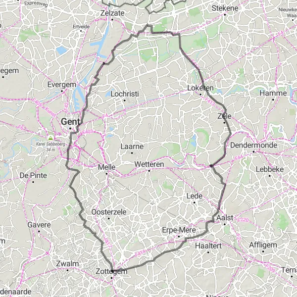 Map miniature of "Zottegem and the Castles" cycling inspiration in Prov. Oost-Vlaanderen, Belgium. Generated by Tarmacs.app cycling route planner