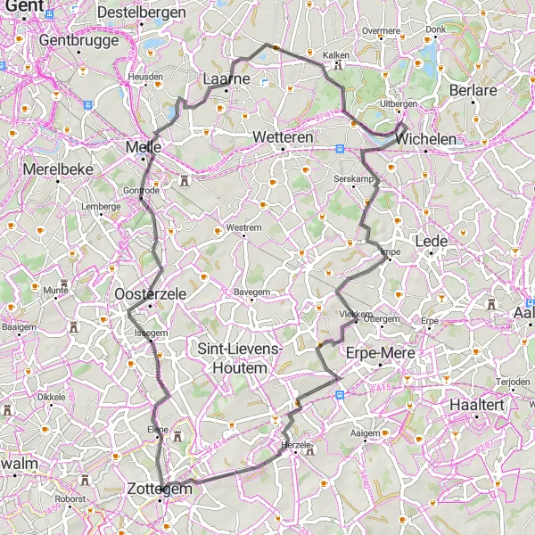 Miniature de la carte de l'inspiration cycliste "Parcours pittoresque autour de Zottegem" dans la Prov. Oost-Vlaanderen, Belgium. Générée par le planificateur d'itinéraire cycliste Tarmacs.app
