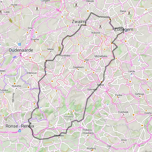 Miniature de la carte de l'inspiration cycliste "Randonnée cycliste à travers les collines flamandes" dans la Prov. Oost-Vlaanderen, Belgium. Générée par le planificateur d'itinéraire cycliste Tarmacs.app