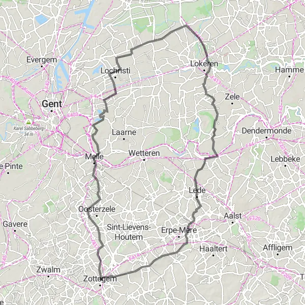 Miniature de la carte de l'inspiration cycliste "Aventure à travers la campagne flamande" dans la Prov. Oost-Vlaanderen, Belgium. Générée par le planificateur d'itinéraire cycliste Tarmacs.app