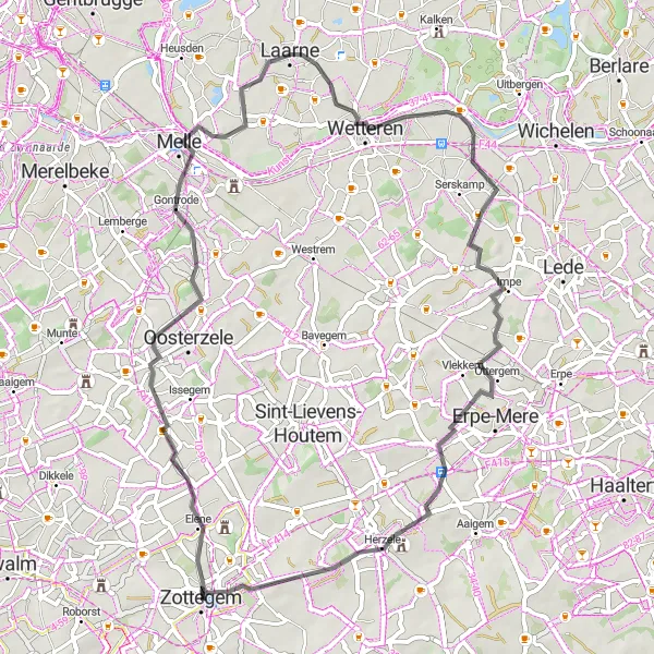 Miniatuurkaart van de fietsinspiratie "Wegtocht langs Kastelen en Natuur" in Prov. Oost-Vlaanderen, Belgium. Gemaakt door de Tarmacs.app fietsrouteplanner