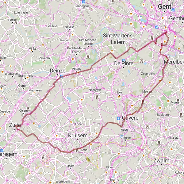 Map miniature of "Gravel Challenge - Beauty of Zulte's Surroundings" cycling inspiration in Prov. Oost-Vlaanderen, Belgium. Generated by Tarmacs.app cycling route planner