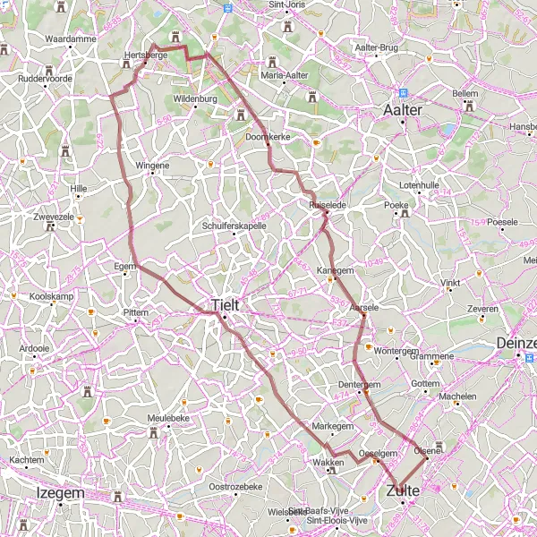 Map miniature of "Zulte - Oeselgem - Poelberg - Hertsberge - Doomkerke - Aarsele - Olsene Round Trip" cycling inspiration in Prov. Oost-Vlaanderen, Belgium. Generated by Tarmacs.app cycling route planner