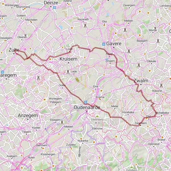 Map miniature of "Zulte - Lozer - Sint-Denijs-Boekel - Leberg - Volkegem - Ooike Round Trip" cycling inspiration in Prov. Oost-Vlaanderen, Belgium. Generated by Tarmacs.app cycling route planner