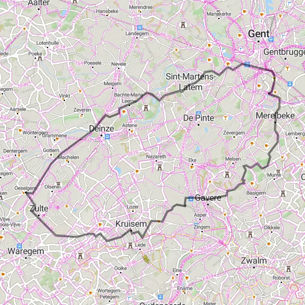 Map miniature of "Road Cycling Route - Zulte to Ouwegem and Back" cycling inspiration in Prov. Oost-Vlaanderen, Belgium. Generated by Tarmacs.app cycling route planner