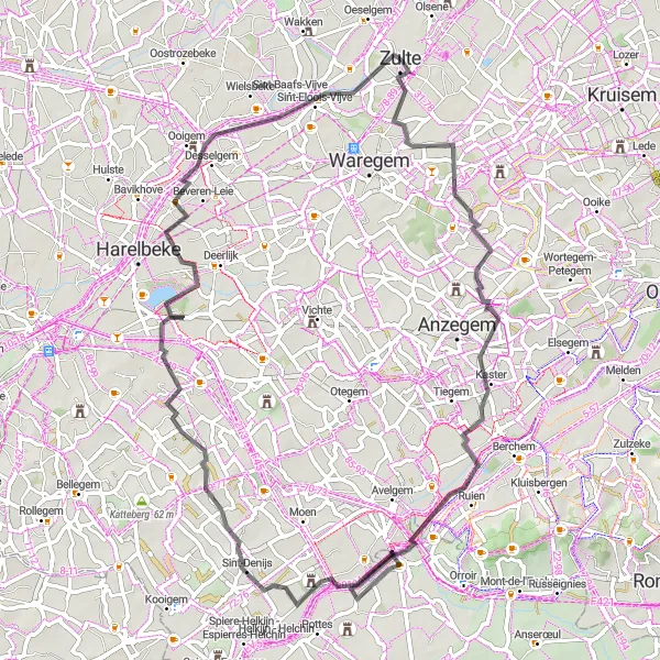Map miniature of "Zulte - Tjammelberg - Waarmaarde - Bossuit - Zwevegem - Sint-Eloois-Vijve Round Trip" cycling inspiration in Prov. Oost-Vlaanderen, Belgium. Generated by Tarmacs.app cycling route planner