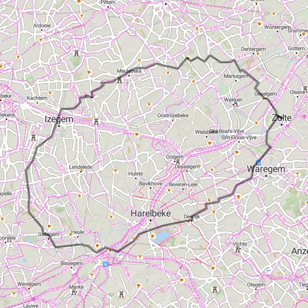 Map miniature of "Zulte - Deerlijk - Bosmolens - Oeselgem Round Trip" cycling inspiration in Prov. Oost-Vlaanderen, Belgium. Generated by Tarmacs.app cycling route planner