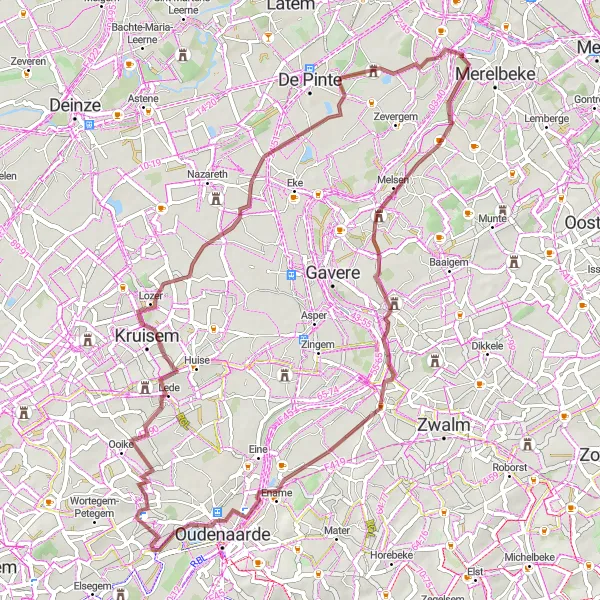 Miniature de la carte de l'inspiration cycliste "Parcours Gravel autour de Zwijnaarde" dans la Prov. Oost-Vlaanderen, Belgium. Générée par le planificateur d'itinéraire cycliste Tarmacs.app