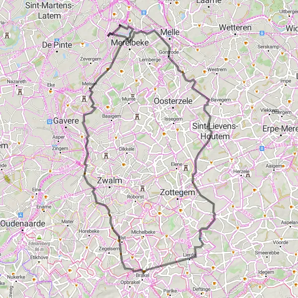 Map miniature of "Gontrode to Zwijnaarde Road Cycling Route" cycling inspiration in Prov. Oost-Vlaanderen, Belgium. Generated by Tarmacs.app cycling route planner