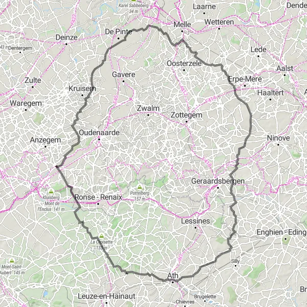 Miniatuurkaart van de fietsinspiratie "Epische roadtrip van Zwijnaarde naar Ooikeberg" in Prov. Oost-Vlaanderen, Belgium. Gemaakt door de Tarmacs.app fietsrouteplanner