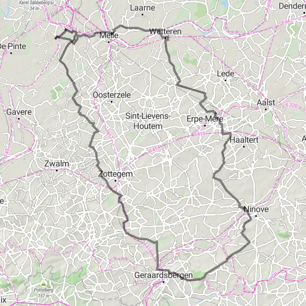 Miniature de la carte de l'inspiration cycliste "La Boucle des Villages Historiques" dans la Prov. Oost-Vlaanderen, Belgium. Générée par le planificateur d'itinéraire cycliste Tarmacs.app