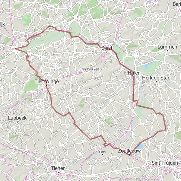 Miniature de la carte de l'inspiration cycliste "Randonnée Gravel à Testelt" dans la Prov. Vlaams-Brabant, Belgium. Générée par le planificateur d'itinéraire cycliste Tarmacs.app