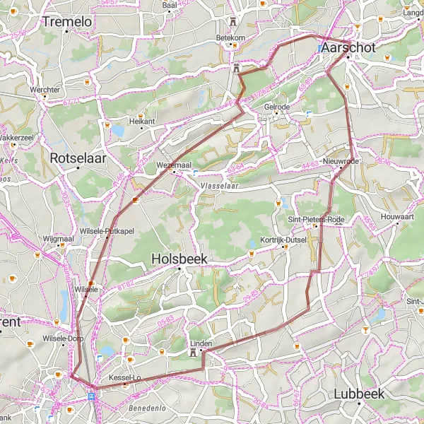 Karten-Miniaturansicht der Radinspiration "Kulturrundfahrt von Aarschot: Entdecken Sie die Vielfalt" in Prov. Vlaams-Brabant, Belgium. Erstellt vom Tarmacs.app-Routenplaner für Radtouren