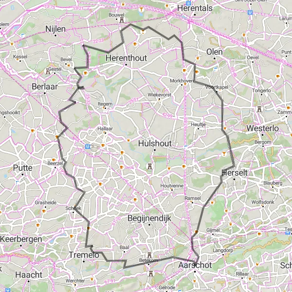 Karten-Miniaturansicht der Radinspiration "Radtour um Aarschot: Natur und Kultur verbinden" in Prov. Vlaams-Brabant, Belgium. Erstellt vom Tarmacs.app-Routenplaner für Radtouren