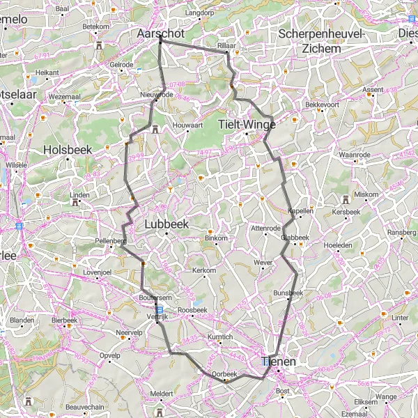 Miniatuurkaart van de fietsinspiratie "Rondrit vanuit Aarschot via Rillaar en Glabbeek" in Prov. Vlaams-Brabant, Belgium. Gemaakt door de Tarmacs.app fietsrouteplanner