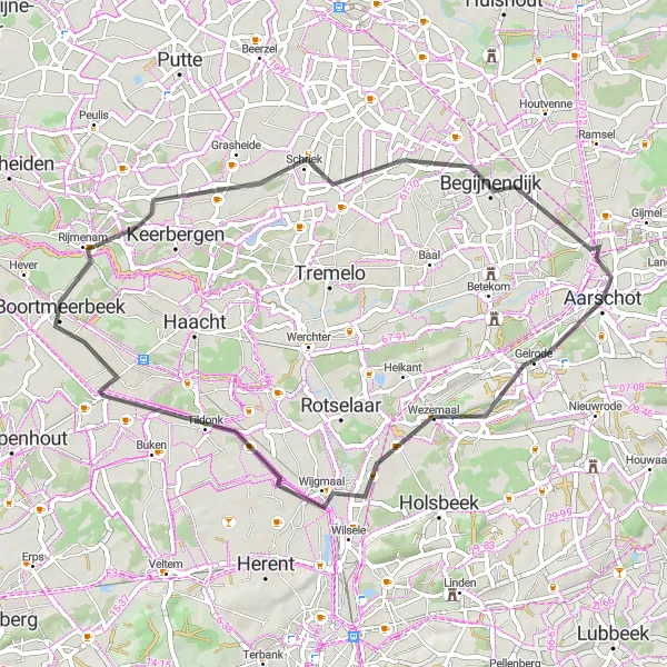 Miniatuurkaart van de fietsinspiratie "Beninksberg en Begijnendijk Fietstocht" in Prov. Vlaams-Brabant, Belgium. Gemaakt door de Tarmacs.app fietsrouteplanner