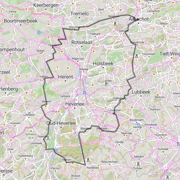 Miniatuurkaart van de fietsinspiratie "Klimroute naar Werchter via Kasteel van Horst" in Prov. Vlaams-Brabant, Belgium. Gemaakt door de Tarmacs.app fietsrouteplanner