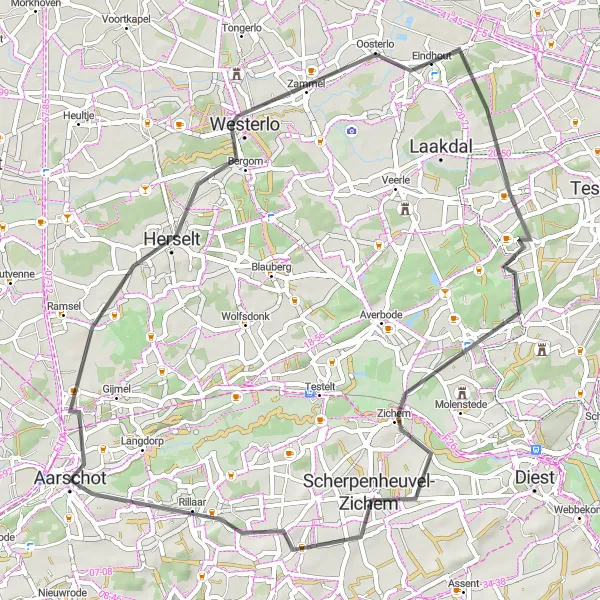 Miniatuurkaart van de fietsinspiratie "Wegroute naar Herselt" in Prov. Vlaams-Brabant, Belgium. Gemaakt door de Tarmacs.app fietsrouteplanner